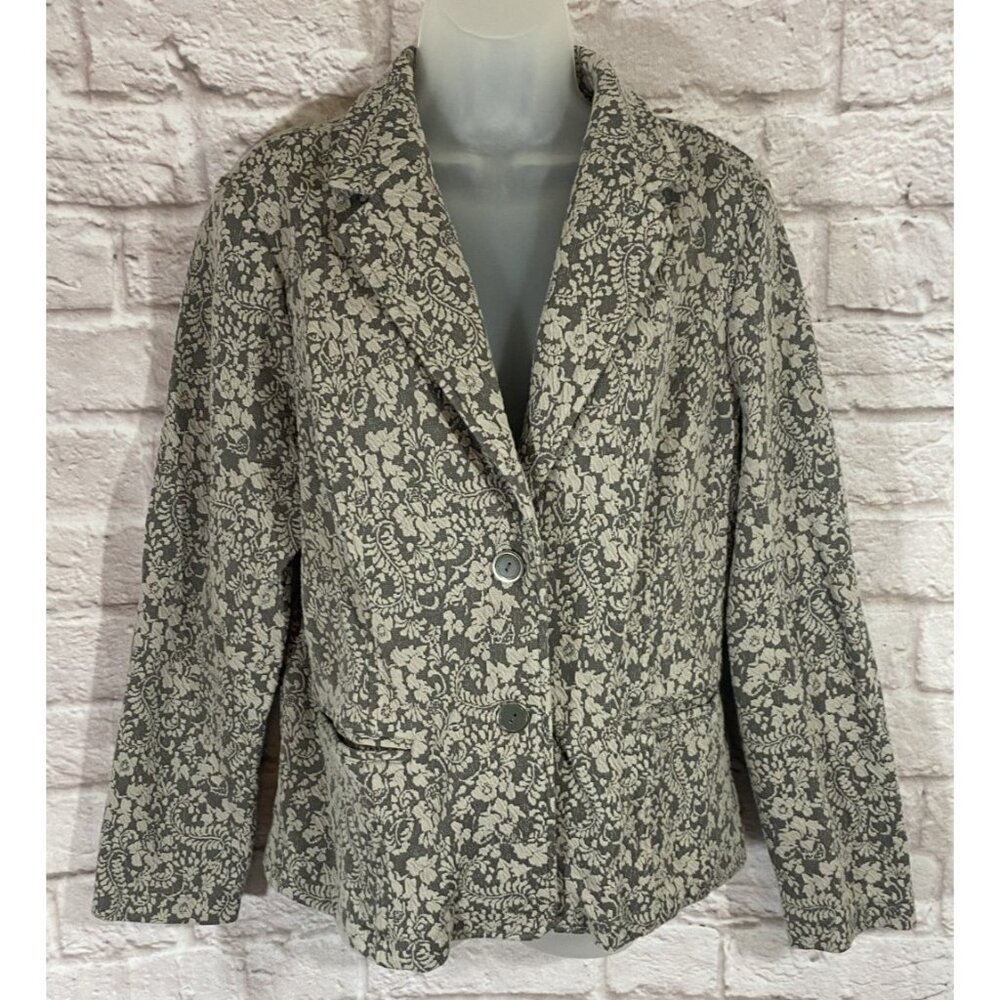 Isaac Mizrahi Live Gray Blazer Soft‎ Knit Floral Paisley Tapestry Print Jacket L
